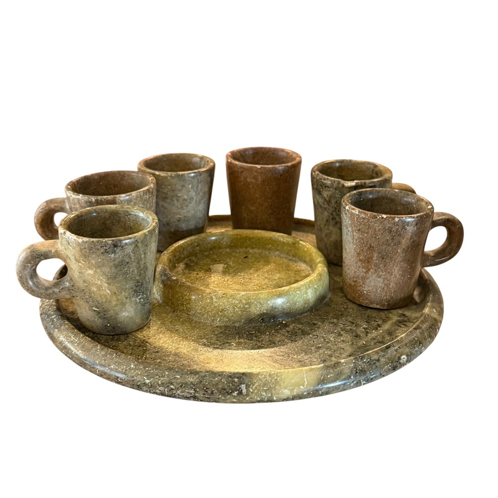 Vintage Soapstone Tequila Shot Glass Set 6 Mugs Tray with Salt Well Earth Tones